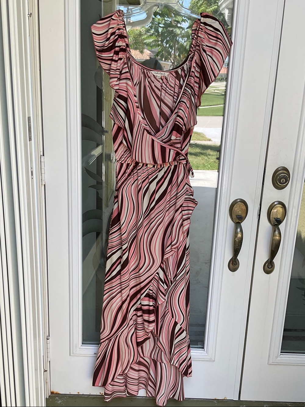 Pink Swirl Wrap Maxi Dress with Ruffle Trim